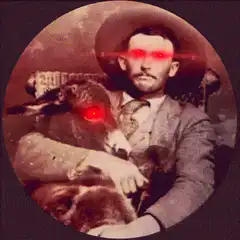 Cowboy and dog with glowing red eyes and lightning