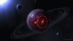 Glowing red planet with rings in space