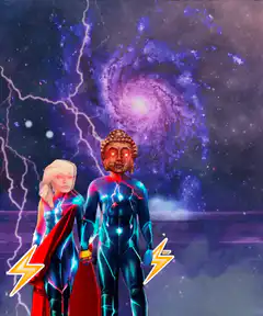 Buddha and blonde superhero with lightning