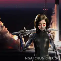 Cyborg woman with sword and rocket launch