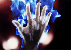 Hand engulfed in blue flames