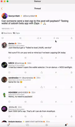 Damus app thread and zaps list