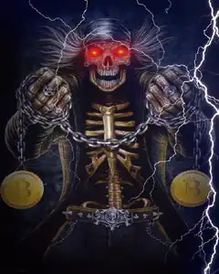 Skeleton holding Bitcoin with lightning