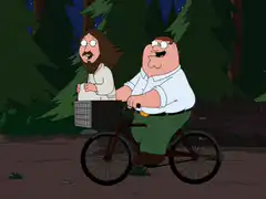 Peter Griffin and Jesus fly on a bike