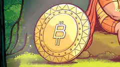 Shining Bitcoin coin in forest