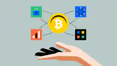 Bitcoin and crypto icons above hand