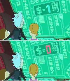 Rick and Morty looking at a green screen with changing numbers
