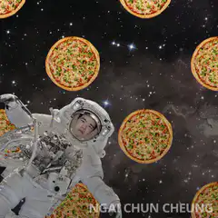 Astronaut floating among pizzas in space