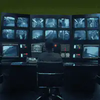 man watching surveillance monitors