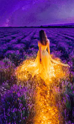 Woman in glowing dress in lavender field