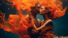 Couple kissing underwater with orange smoke