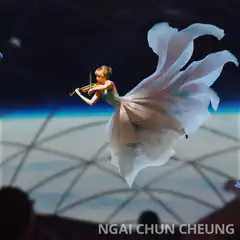 Violinist playing in space with earth turtles