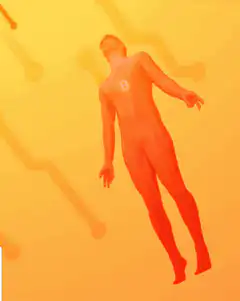 Bitcoin man floating in circuit background