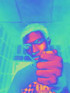 Man pointing at camera with neon filter