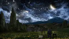 Artist painting under a starry night sky