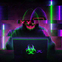 Hacker with glowing mask and biohazard laptop