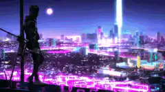 Cyberpunk character overlooking neon city