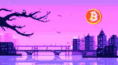 Pixel art cityscape with Bitcoin
