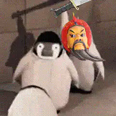 Penguin with Guan Yu head and sword