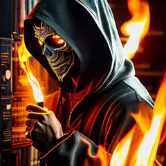Hooded figure with flaming skull mask