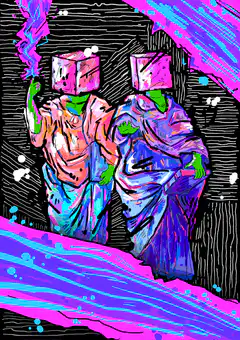 Two colorful block-headed figures dancing