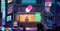 cyberpunk city street with giant pill