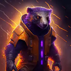 Raccoon in futuristic armor with glowing purple accents