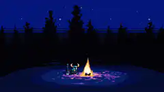 pixel art character by campfire at night