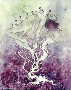 woman with roots and mushrooms