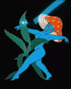 Blue mushroom-headed alien dancing with marijuana leaves