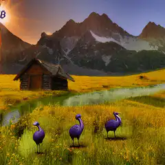 purple birds in meadow with cabin