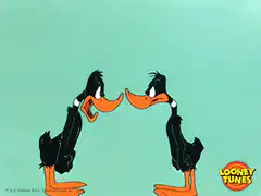 Daffy Duck and Porky Pig stare at each other
