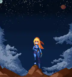 pixel art girl standing on rock at night