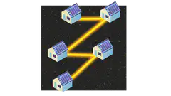 Houses connected by light beams in space