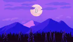 Pixel art Bitcoin moon over mountains