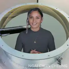Woman in circular frame with orbiting rockets