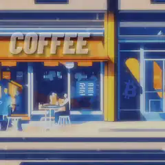 purple ostrich walks past coffee shop