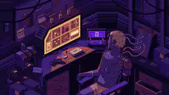 Cyberpunk hacker in purple room