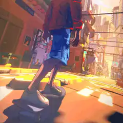 Skater boy in cyberpunk city