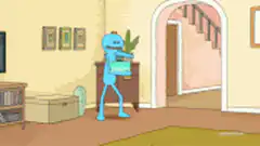 Blue stick figure drops box and screams