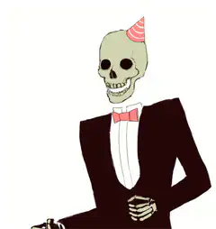 Skeleton in tuxedo with party hat