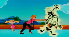 Woman points at skeleton on beach