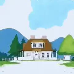 Two birds fly over a house
