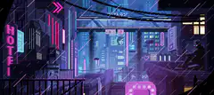 Cyberpunk city street with flying cars