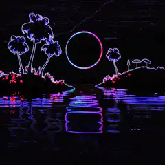 neon palm trees sunset water