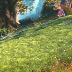 Rapunzel rolling down a grassy hill