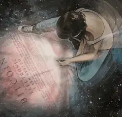Person reading Bitcoin whitepaper in space