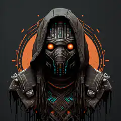 Cyberpunk hooded figure with glowing eyes