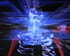 Cyberpunk tunnel with glowing figure