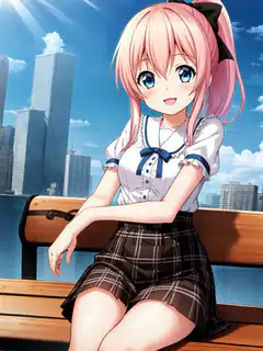 anime girl pink hair plaid skirt bench